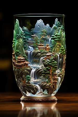 国风玻璃杯艺术品高清模型