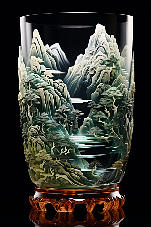 国风玻璃杯艺术品丹青模型