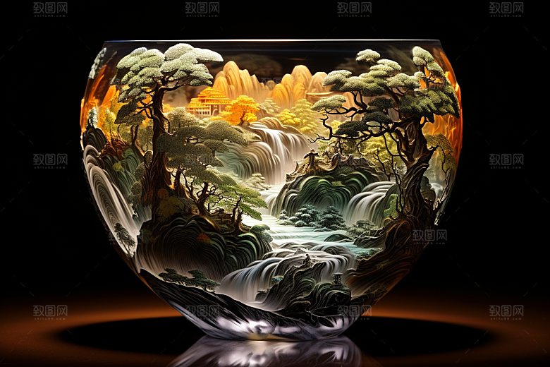 国风玻璃杯国画工艺品模型