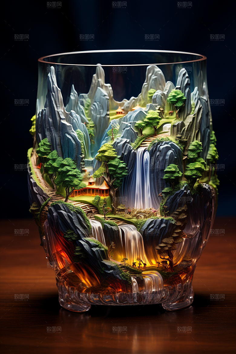 国风玻璃杯丹青国画模型