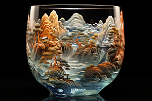 国风玻璃杯中国风工艺品模型
