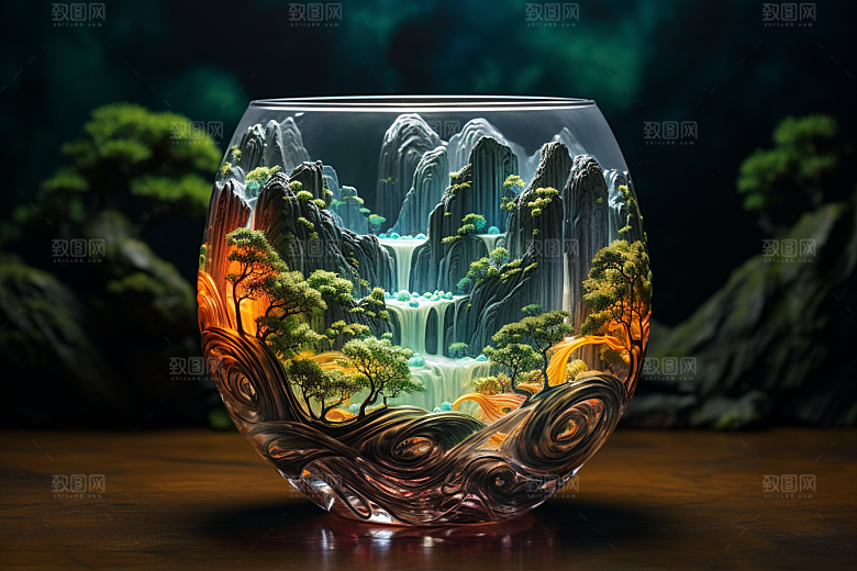 国风玻璃杯国画琉璃模型