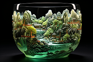 国风玻璃杯丹青水墨山水模型