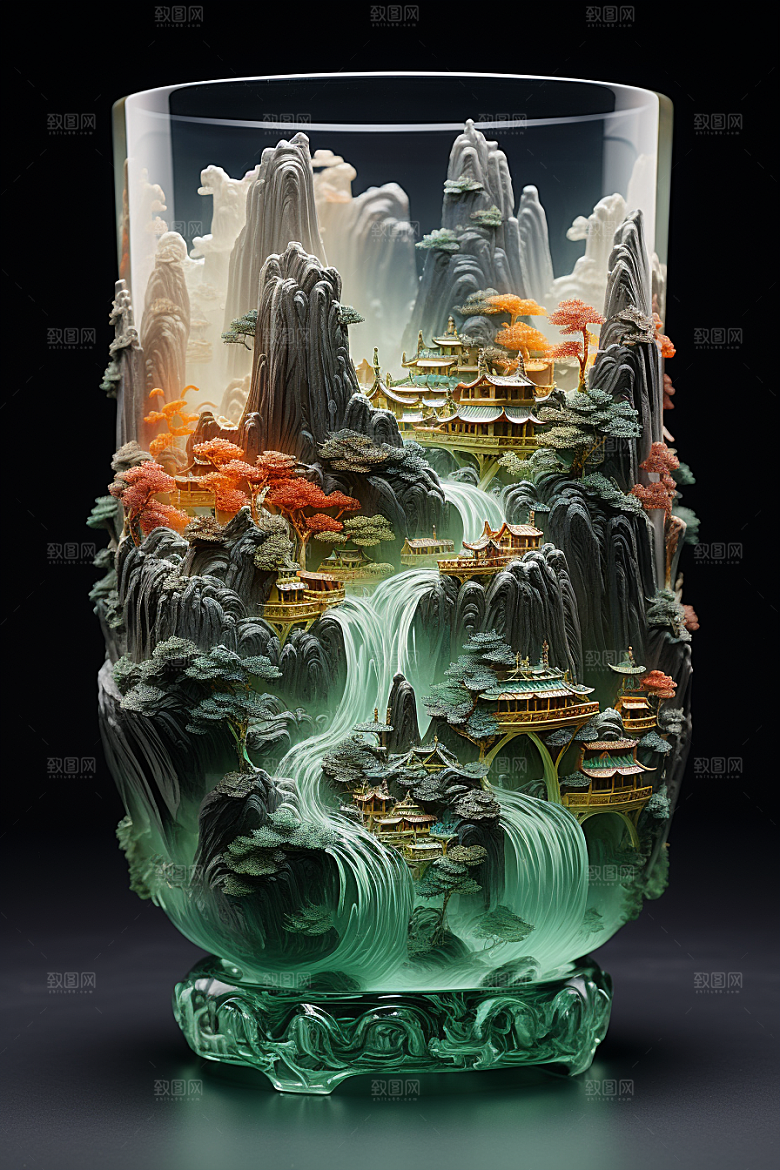 国风玻璃杯精致水墨山水模型