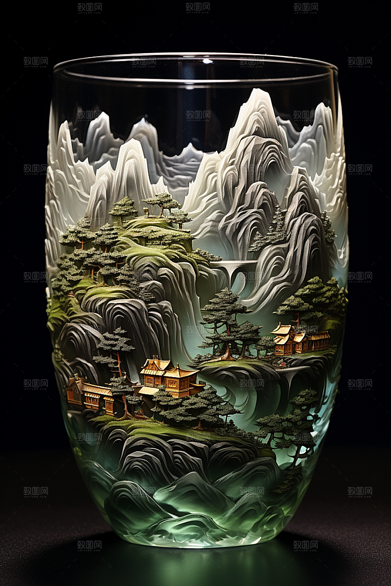 国风玻璃杯中国风水墨山水模型