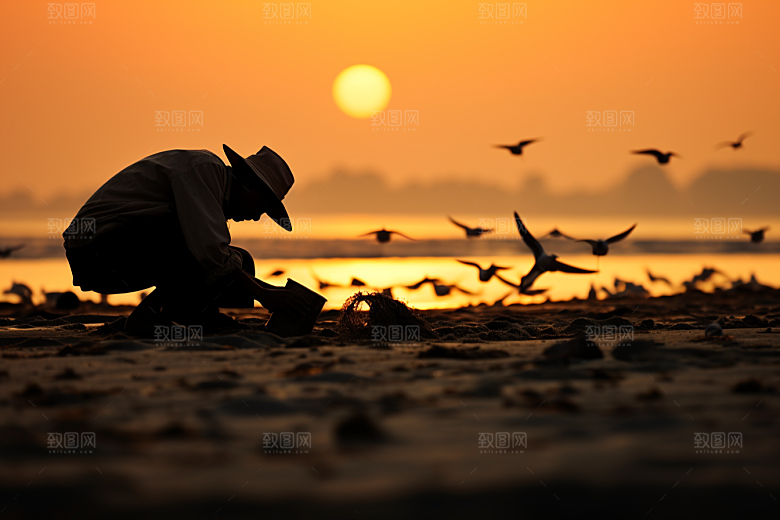海边赶海海货余晖摄影图