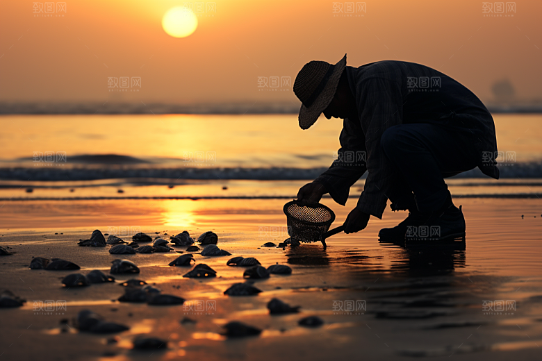海边赶海滩涂捕捞摄影图