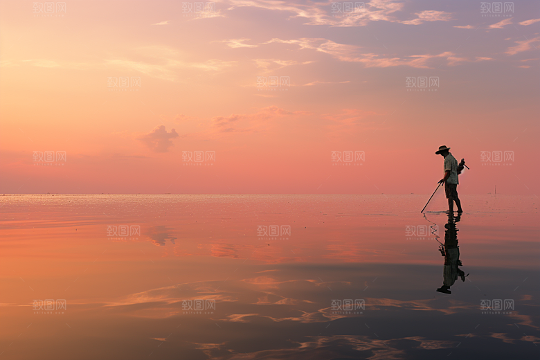 海边赶海余晖落潮摄影图