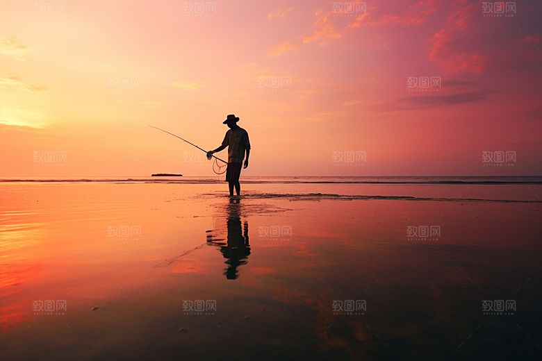 海边赶海礁石夕阳摄影图