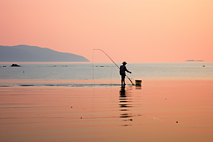 海边赶海渔获落日摄影图