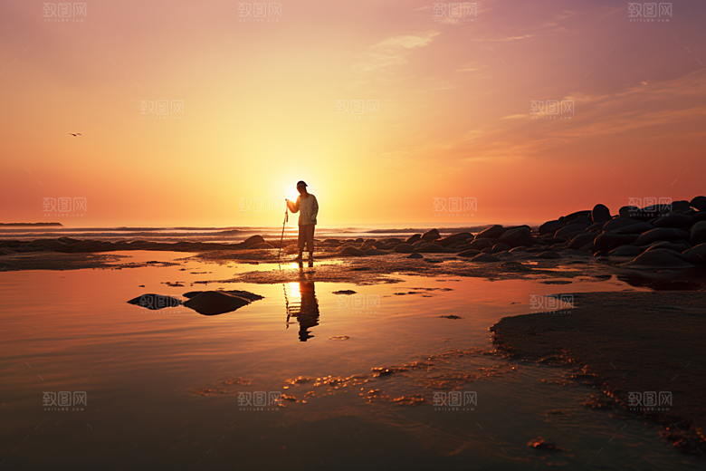 海边赶海清晨礁石摄影图