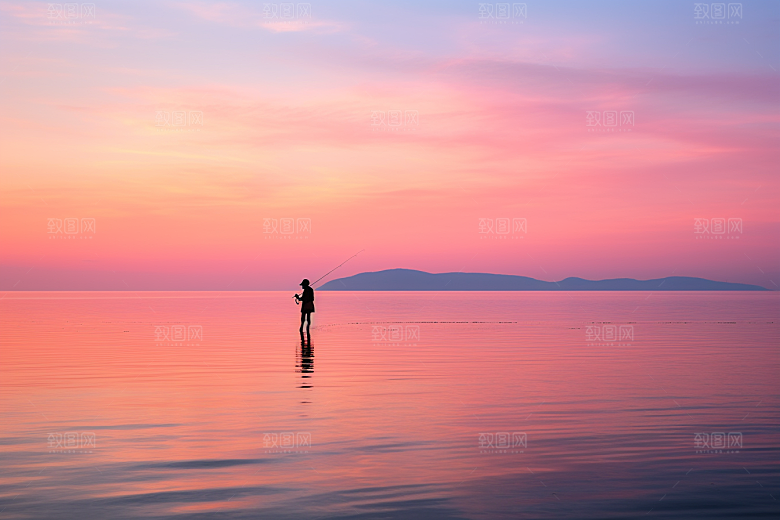 海边赶海余晖潮汐摄影图