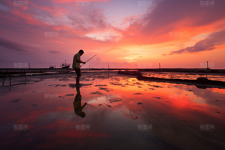 海边赶海渔获滩涂摄影图