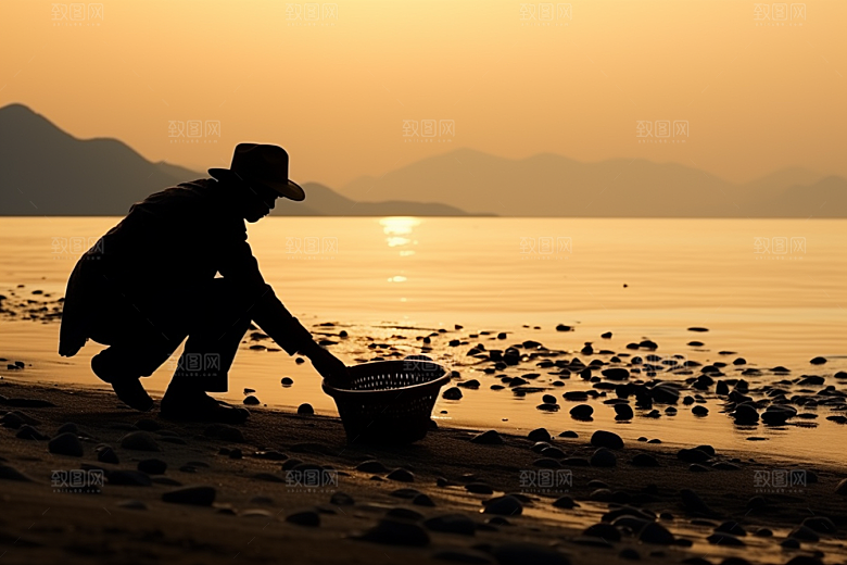 海边赶海落日余晖摄影图