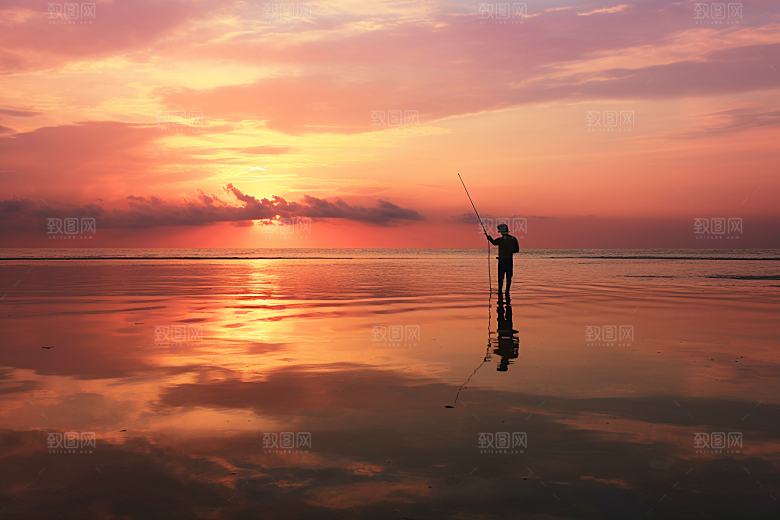 海边赶海海滩落日摄影图