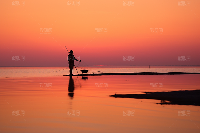 海边赶海余晖夕阳摄影图
