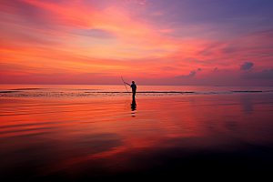 海边赶海夕阳渔获摄影图