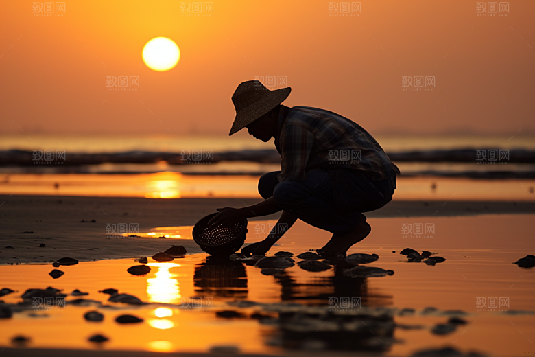海边赶海落日礁石摄影图