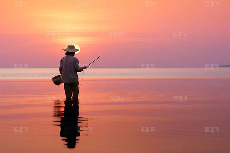 海边赶海落潮余晖摄影图