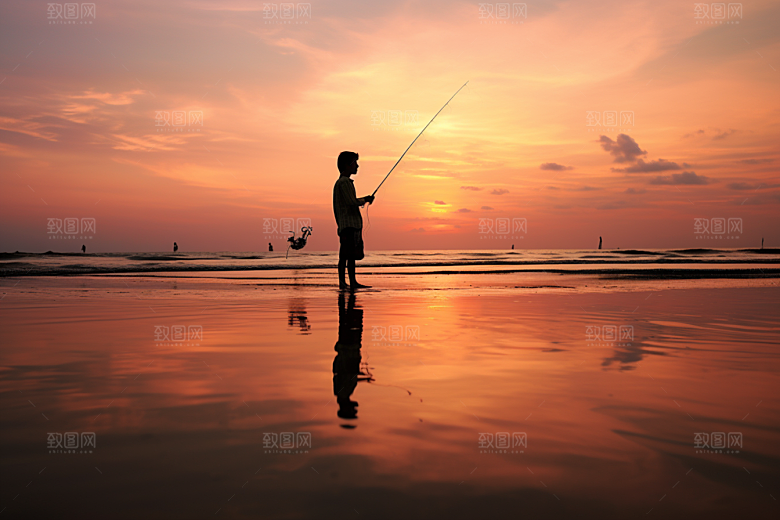 海边赶海夕阳潮汐摄影图