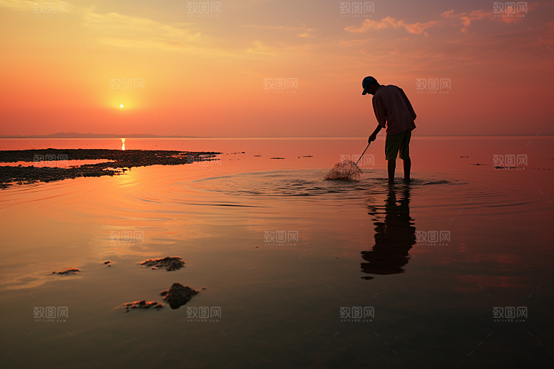 海边赶海渔获捕捞摄影图
