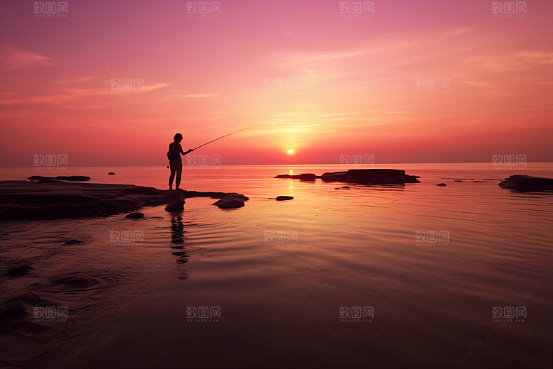 海边赶海余晖夕阳摄影图