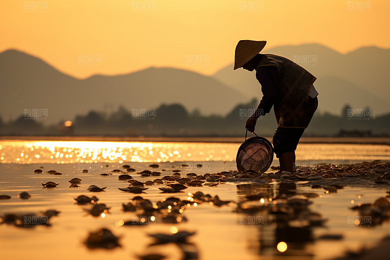 海边赶海捕捞海滩摄影图