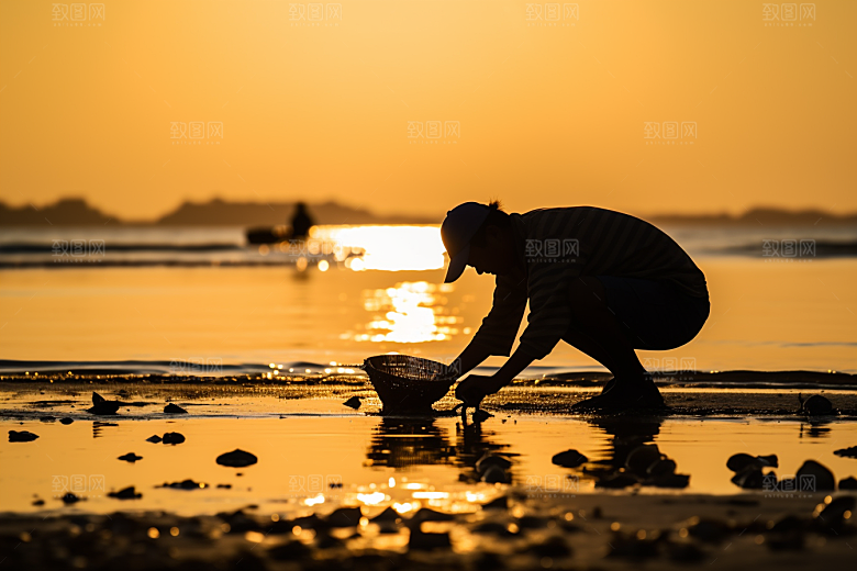海边赶海海货余晖摄影图