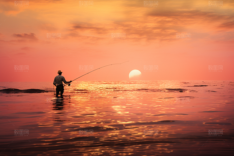 海边赶海落潮余晖摄影图
