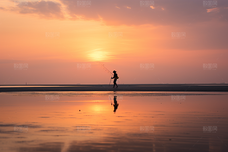 海边赶海清晨礁石摄影图