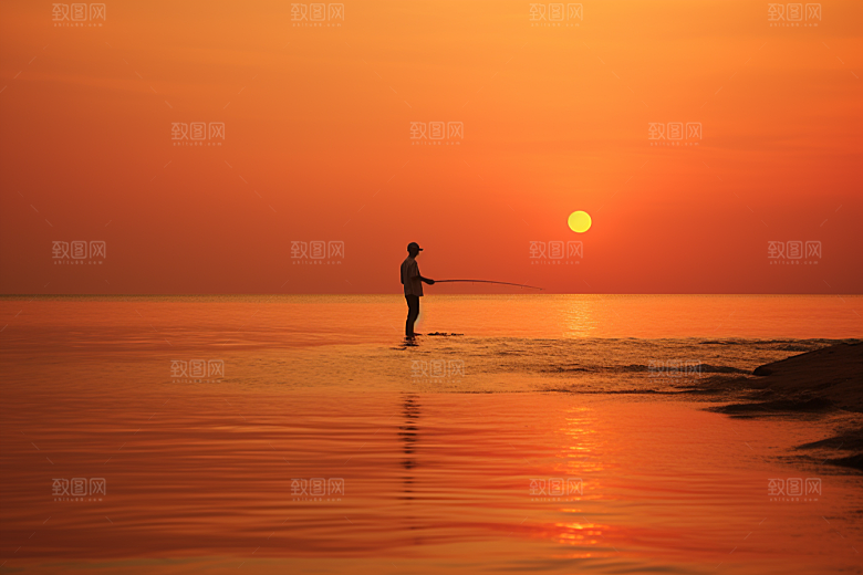 海边赶海捕捞落日摄影图