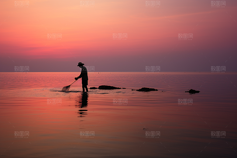 海边赶海捕捞海货摄影图