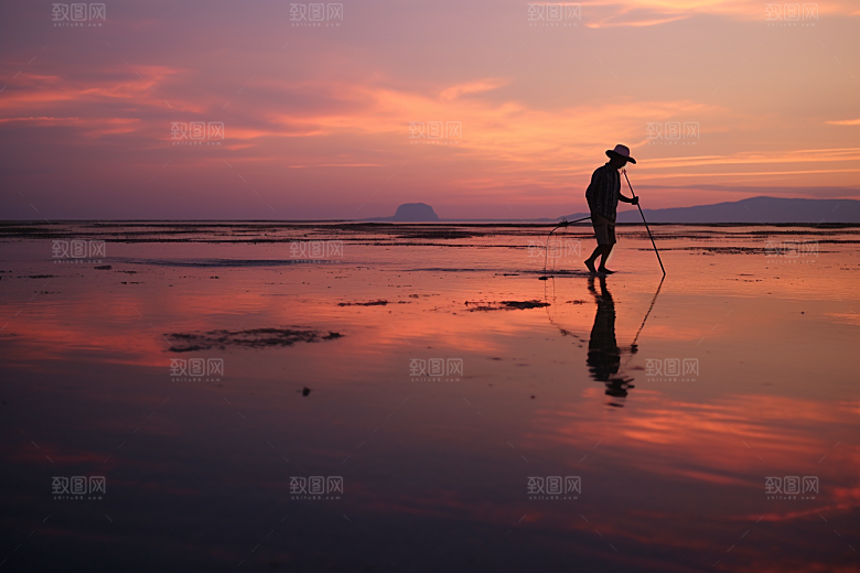 海边赶海余晖夕阳摄影图