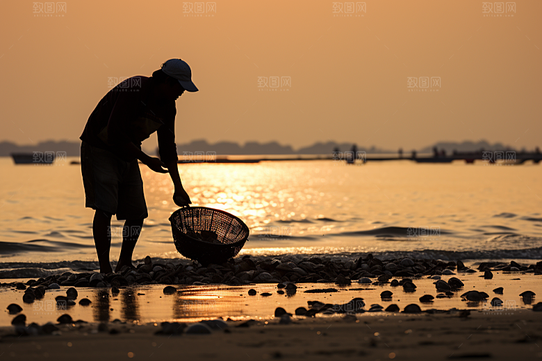 海边赶海余晖潮汐摄影图