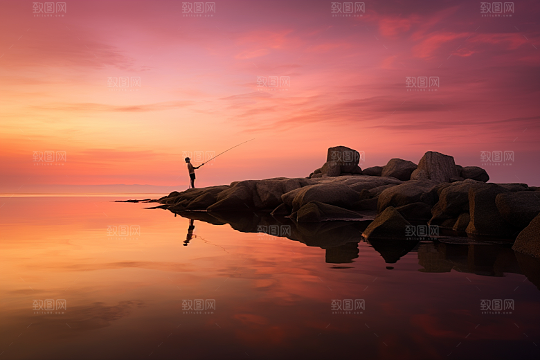 海边赶海余晖夕阳摄影图