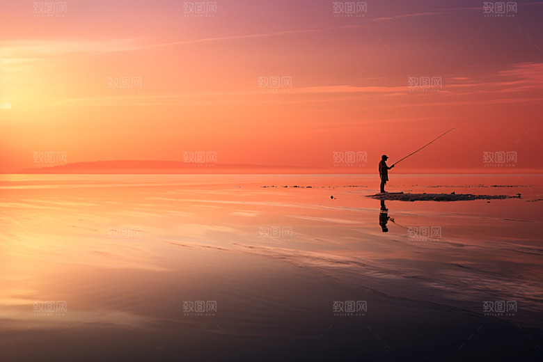海边赶海落日夕阳摄影图