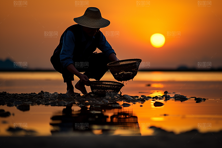 海边赶海清晨礁石摄影图