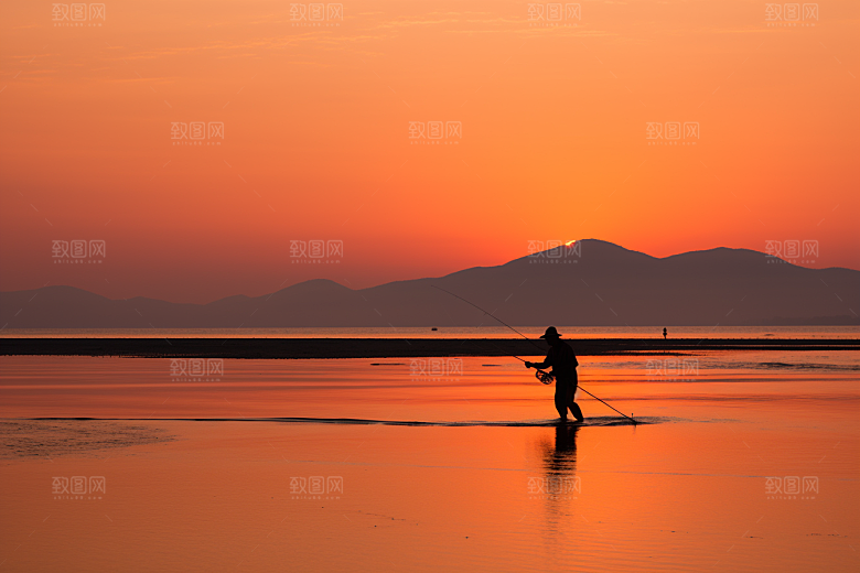 海边赶海潮汐清晨摄影图