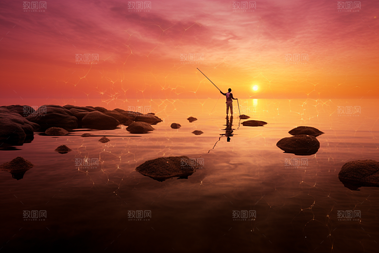 海边赶海落日落潮摄影图