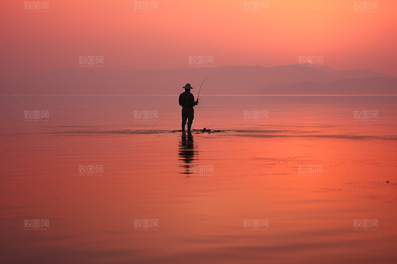 海边赶海潮汐落日摄影图