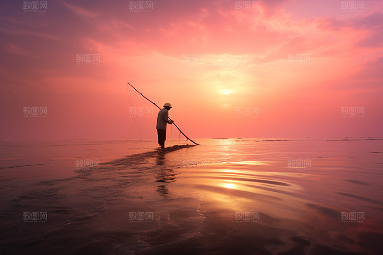 海边赶海清晨落潮摄影图