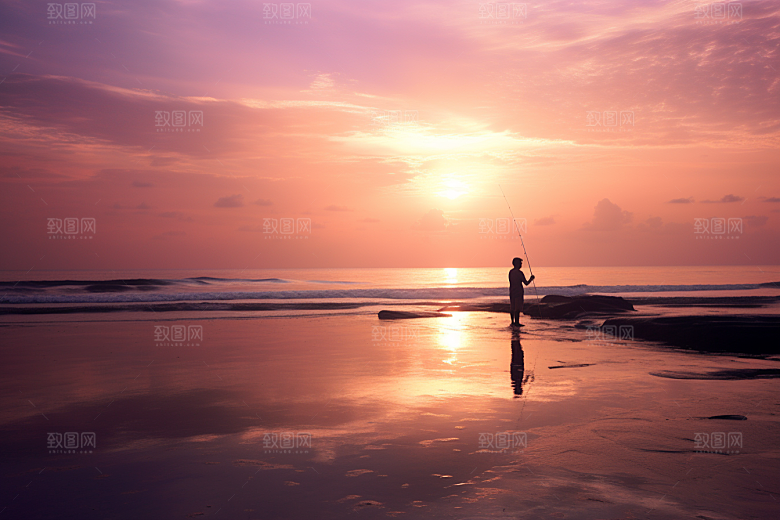 海边赶海余晖礁石摄影图
