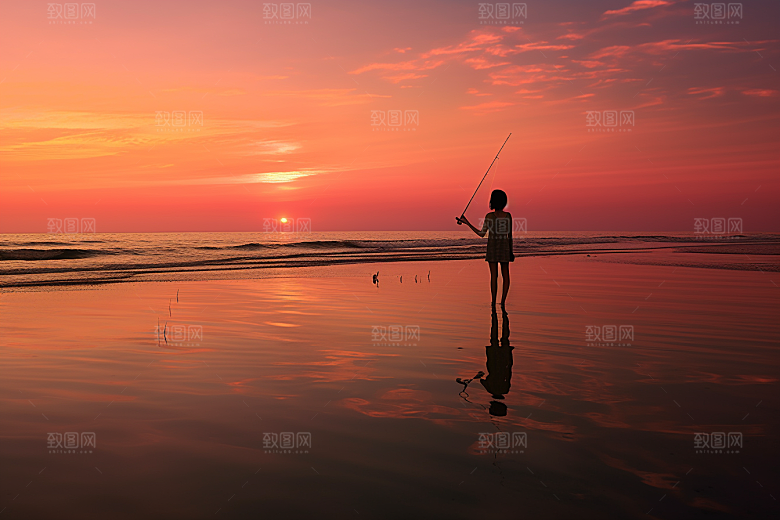 海边赶海余晖海滩摄影图