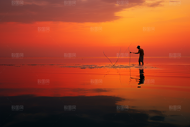 海边赶海夕阳捕捞摄影图