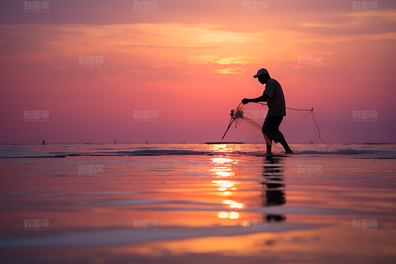 海边赶海捕捞夕阳摄影图