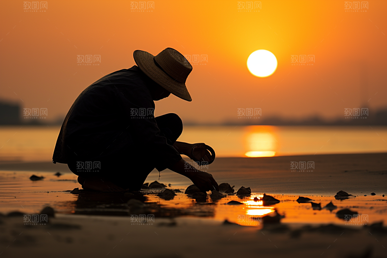 海边赶海余晖清晨摄影图
