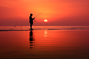 海边赶海夕阳清晨摄影图