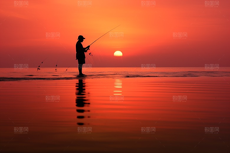 海边赶海夕阳清晨摄影图