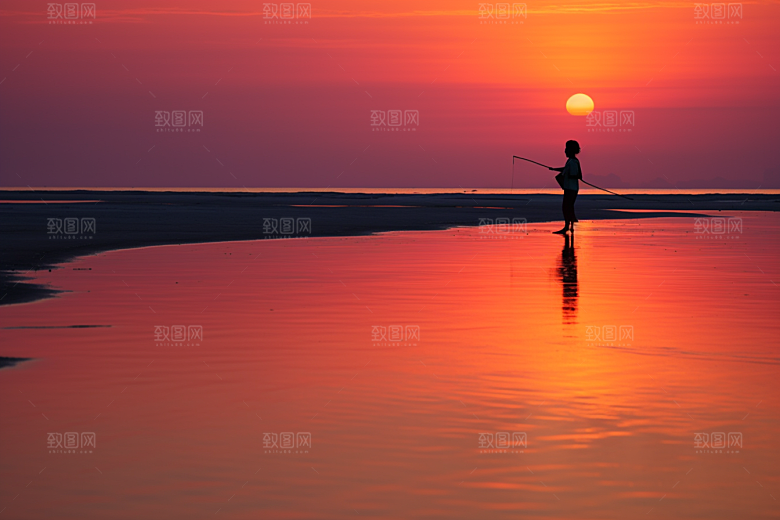海边赶海清晨海滩摄影图