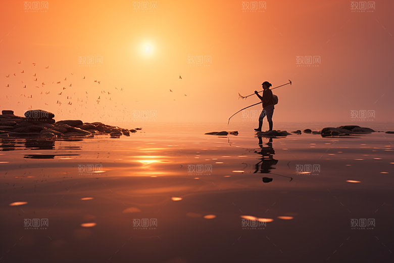 海边赶海夕阳捕捞摄影图